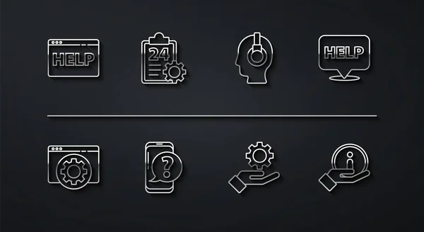 Ορίστε γραμμή Browser βοήθεια, ρύθμιση, Ομιλία φούσκα με κείμενο Βοήθεια, Ρυθμίσεις το χέρι, Κινητό τηλέφωνο ερώτηση, Checklist 24 ώρες υπηρεσία, Πληροφορίες και υποστήριξη εικονίδιο αφής χειριστή. Διάνυσμα — Διανυσματικό Αρχείο