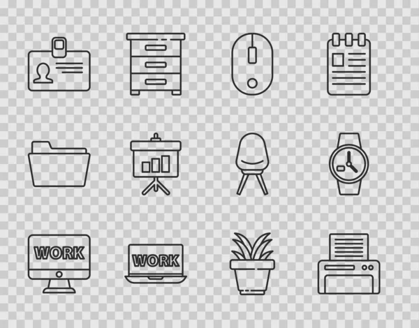 Set line Monitor met tekstwerk, Printer, Computer muis, Laptop, Identificatie badge, Krijtbord diagram, Plant pot en pols horloge pictogram. Vector — Stockvector