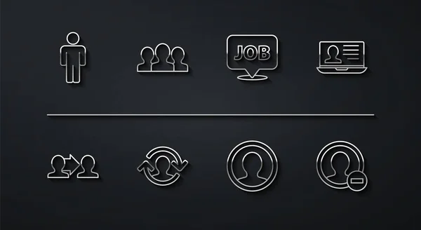 Définir la ligne Utilisateur de l'homme, Base de l'équipe de projet, Ordinateur portable avec CV, Créer un écran de compte, Ressources humaines, Groupe d'utilisateurs, et l'icône de la bulle vocale emploi. Vecteur — Image vectorielle