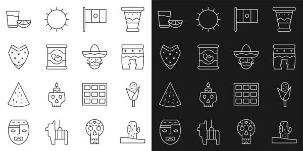 Set line Cactus, Maíz, Huehuetl, Bandera de México, Frijoles en lata, Poncho, Tequila glass with lemon and Mexican man sombrero icon. Vector — Vector de stock