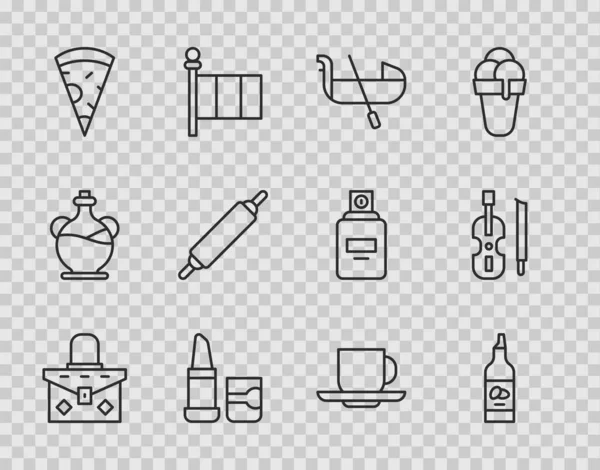 Kézitáska, olívaolaj, Gondola, rúzs, szeletelt pizza, sodrófa, kávéscsésze és hegedű ikon. Vektor — Stock Vector