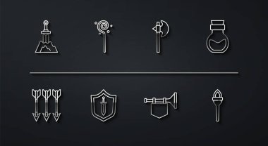 Taşa çizgi kılıcı, çapraz oklar, zehirli şişe, bayraklı trompet, ortaçağ kalkan kılıcı, sihirli asa, meşale ateşi ve balta ikonu. Vektör