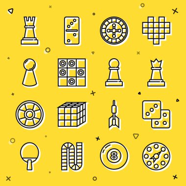 Çizgi çizgisi Twister oyunu, zar oyunu, satranç, kumarhane ruleti, dama tahtası, tahta için çip ve ikon. Vektör