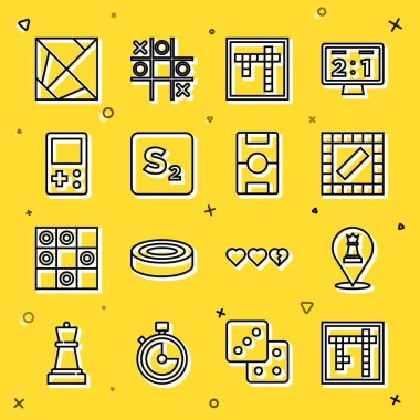 Çizgi Bingo, Satranç, Masa Oyunu, Tetris, Rubik Küp ve Hokey masası simgesi. Vektör