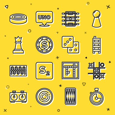 Çizgi Stopwatch, Tic Tac toe oyunu, Mahjong parçaları, Hokey masası, Dolarlı Casino çipi, Satranç çipleri ve Oyun zar simgesi. Vektör