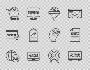 Satır Reklamcılığı, Öncü Yönetim, Alışveriş Arabası ve Dolar, Grafik grafikli Pano, Hedef Spor ve SEO optimizasyon simgesi. Vektör