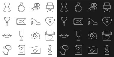 Hattı ayarla. Lütfen rahatsız etme, Takvim, Anahtar Delikli Kalp, Alyanslar, Zarf Sevgililer Günü kalbi, Balon biçimi, Kadın giyimi ve ayakkabı ikonu. Vektör