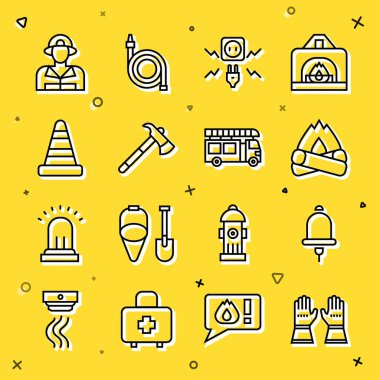 İtfaiyeci eldivenleri, alarm zili, kamp ateşi, elektrik kıvılcımı, balta, trafik konisi ve kamyon ikonu. Vektör