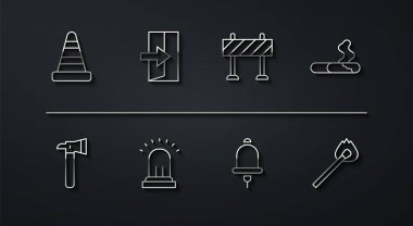 Trafik konisi, itfaiyeci baltası, sigara, alarm zili, çıkış, yangın söndürme kibriti ve yol bariyeri ikonu ayarlayın. Vektör