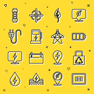 Elektrik prizi, geri dönüşümlü kağıt poşet, pil, yaprak ya da yapraklar, araba şarj istasyonu, fiş ve kule simgesi. Vektör