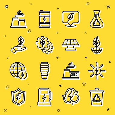 Geri dönüşüm kutusuna geri dönüşüm, güneş enerjisi paneli, toprak küresi ve yaprak, konum, yaprak bitkisi dişli makinesi, bitki eli, fabrika ve simge koyun. Vektör