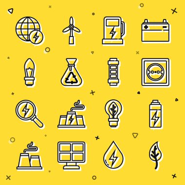 Yaprak ya da yaprak, pil, elektrik prizi, araba şarj istasyonu, geri dönüşümlü çöp torbası, ampul, küresel enerji güç gezegeni ve ikonu. Vektör