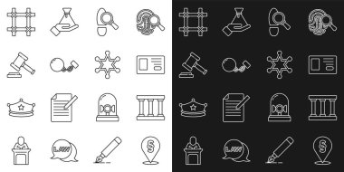 Sıra konum yasası, hapishane penceresi, kimlik kartı, ayak izleri, top zinciri, Yargıç Gavin ve Hexagram Şerif ikonu. Vektör