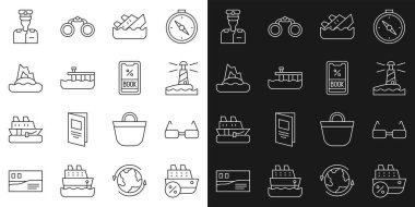 Line Cruise gemisi, Gözlük, Deniz feneri, batan gemi, sahil iskelesi, tropik ada okyanusu, kaptan ve bilet ikonu. Vektör