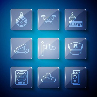 Hat göstergesi, Bulut hava durumu, biletli pasaport, havalimanı kontrol kulesi, koni meteoroloji rüzgar önlüğü, yolcu merdiveni, barometre ve pilot şapka ikonu. Vektör