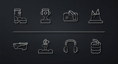 Su geçirmez lastik bot, Biathlon tüfeği, dağlar, kış kulaklıkları, trafik levhası, ödül kupası, buz hokeyi gol ikonu için taş. Vektör