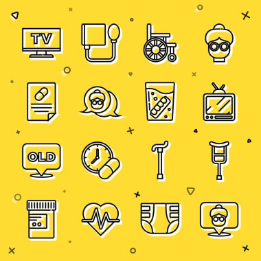 Sabit hat huzurevi, koltuk değneği ya da koltuk değneği, Retro TV, tekerlekli sandalye, büyükanne, reçete, akıllı televizyon ve sahte çene cam ikonu. Vektör