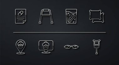 Reçeteli ilaç, huzurevi, yastık, gözlük, Walker, koltuk değnekleri ve sahte çene simgesi. Vektör