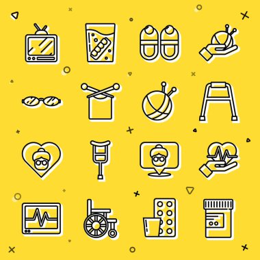 İlaç şişesi ve haplar, kalp atış hızı, Walker, terlik, örgü, gözlük, Retro TV ve örgü iğneleri ikonlu iplik topu. Vektör