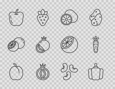 Plum meyvesi, Bell biberi, Kiwi, Domates, Elma, Fasulye ve Havuç ikonu. Vektör