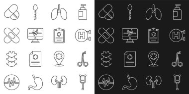 Koltuk değneği ya da koltuk değnekleri, tıbbi makas, hastane tabelası, akciğerleri, kardiyogramlı monitör, çapraz bandaj sıva, ilaç tableti ve klinik kayıt ikonu. Vektör