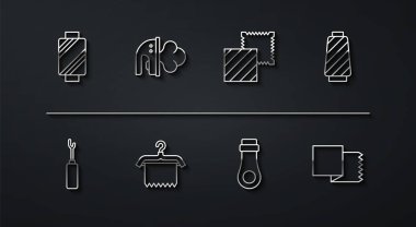 Makara ipliği, Awl aleti, fermuar, elbise dolabı, elektrikli ütü, kumaş rulo ve ikon. Vektör