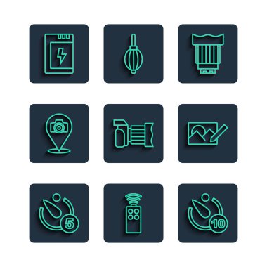 Hat zamanlayıcısı, kamera, fotoğraf lensi, fotoğraf, pil ve rötuşlama simgesi için uzaktan kumanda. Vektör