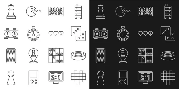 Establecer línea Pixel corazones para el juego, fichas Checker, dados de juego, tablero, cronómetro, reloj de ajedrez de tiempo, Ajedrez y Corazones icono. Vector — Vector de stock