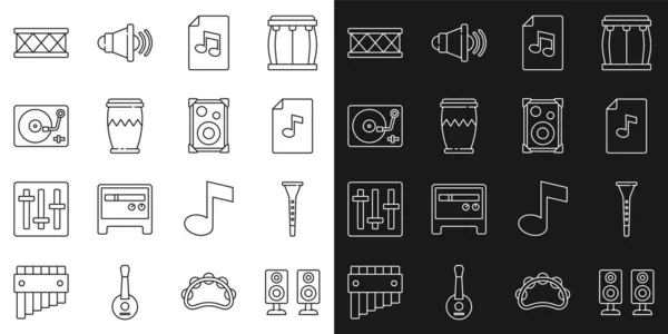 Set line Stereo speaker, Clarinet, Music book with note, Drum, Vinyl player vinyl disk, and icon. Vector — Stock Vector