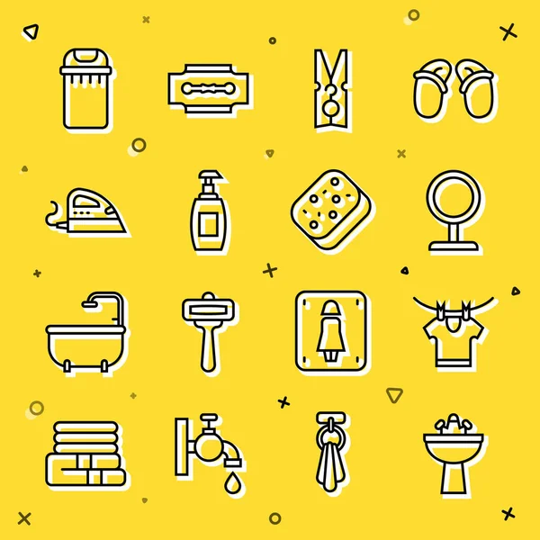 Set line Lavabo con grifo de agua, Secado de ropa, Espejo de maquillaje redondo, Perno de ropa, Botella de jabón líquido, Plancha eléctrica, Papelera e icono de esponja. Vector — Vector de stock