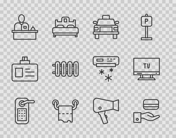 Set line Digitales Türschloss, Taxiauto, Toilettenpapierrolle, Hotelrezeption, Heizung, Haartrockner und Smart-TV-Symbol. Vektor — Stockvektor