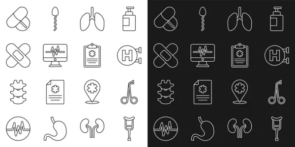 Fijar línea muletas o muletas, tijeras médicas, letrero del hospital, pulmones, monitor con cardiograma, vendaje cruzado yeso, píldora de la medicina tableta y el icono de la historia clínica. Vector — Archivo Imágenes Vectoriales