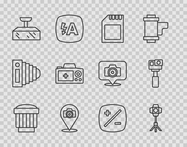 Establecer línea lente de la cámara de fotos, Softbox luz, tarjeta SD, cámara de fotos, compensación de exposición y el icono de acción. Vector — Vector de stock