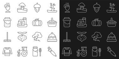 Şemsiye, Kış şapkası, Sepet, Acorn, Çiftlik evi, Reçel kavanozu, Sıcak şarap ve Balkabağı ikonu. Vektör