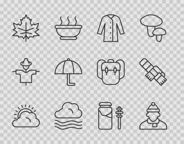 Güneş ve bulut havası, sonbahar giysileri, yağmurluk, rüzgarlı, yapraklı, şemsiye, kavanoz dolusu bal ve kış eşarbı ikonu. Vektör