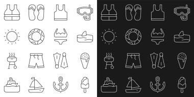 Dondurma, waffle külahında köpekbalığı yüzgeci okyanus dalgası, kolsuz tişört, lastik yüzme yüzüğü, güneş, can yeleği ve mayo ikonu. Vektör