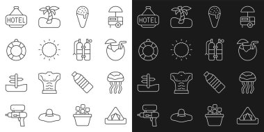 Sıra sıra turist çadırı, denizanası, hindistan cevizi kokteyli, waffle külahında dondurma, güneş, Lifebuoy, metin oteli ve Aqualung ikonlu işaret panosu. Vektör
