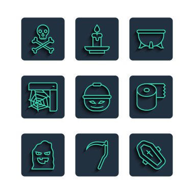 Komik ve korkunç hayalet maskesi, haçlı tabut, cadılar bayramı cadı kazanı, tatlı için balkabağı sepeti, örümcek ağı, kafatası çapraz kemikleri ve tuvalet kağıdı rulosu ikonu. Vektör