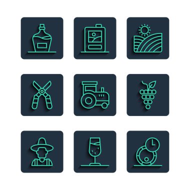 Şapkalı çiftçi, şarap kadehi, şarap için tahta fıçı, üzüm bağları, traktör, bahçe makası, eski şişe ve Bunch ikonu. Vektör