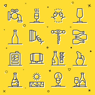 Bardaklı şarap şişesi, şarap için sürahi, tatma, degukasyon, musluk fıçısı ve tirbuşon simgesi. Vektör