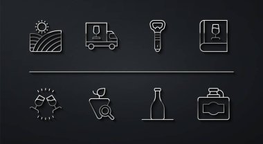 Çizgi şarap üzümleri, şarap tatma, degukasyon, kitap hakkında, üzüm şişesi, kamyon, karton kutu ve açılış ikonu. Vektör