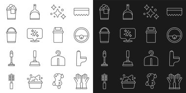 Lastik eldivenler, klozet, robot elektrikli süpürge, ev temizleme servisi, kova, köpük ve çöp kutusu ikonu. Vektör