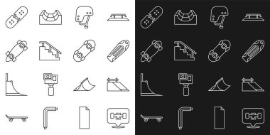 Çizgi kaykay tekerleği, park, güverte, kask, merdivenler raylı, uzun tahta ya da kaykay, kırık ve ikon. Vektör