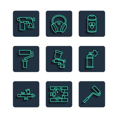 Çizgi boyası sprey tabancası, evi boyama, paten fırçası, kutu ve ikon. Vektör