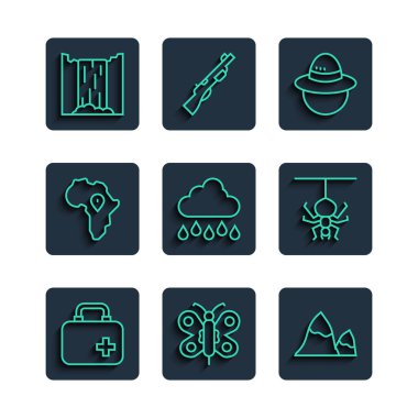 İlk yardım çantası, Kelebek, Dağlar, Kamp şapkası, Yağmurlu Bulut, Afrika Haritası, Şelale ve Örümcek ikonu. Vektör