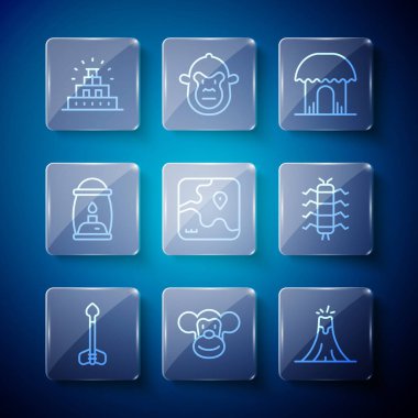 Arrow, Monkey, Volkan patlaması, Afrika kulübesi, safari haritası, Kamp feneri, Chichen Itza Maya ve Çıyan böceği ikonu. Vektör