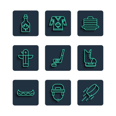 Kayak, hokey kaskı, disk, krep yığını, buz hokeyi sopası ve Kanada totemi direği, akçaağaç şurubu ve paten ikonu. Vektör