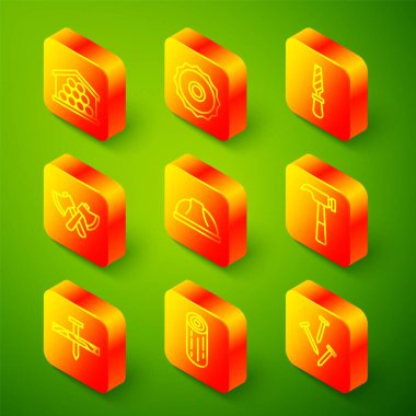 Ahşap kütükler, testere bıçağı, Rasp metal dosyası, balta, işçi kaskı, çekiç, metal çivi ve ikon. Vektör