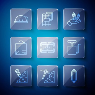 İnşaat matkabı, kazma, mücevher taşı, dinamit, maden girişi, madenci miğferi ve patlayıcı ikonu. Vektör