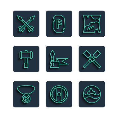 Kolyeyi mücevher, kalkan viking, deniz ve dalgalar, katlanmış harita, ortaçağ mızrağı, çekiç, oklar ve kürekler ve kürek ikonu ile dizin. Vektör